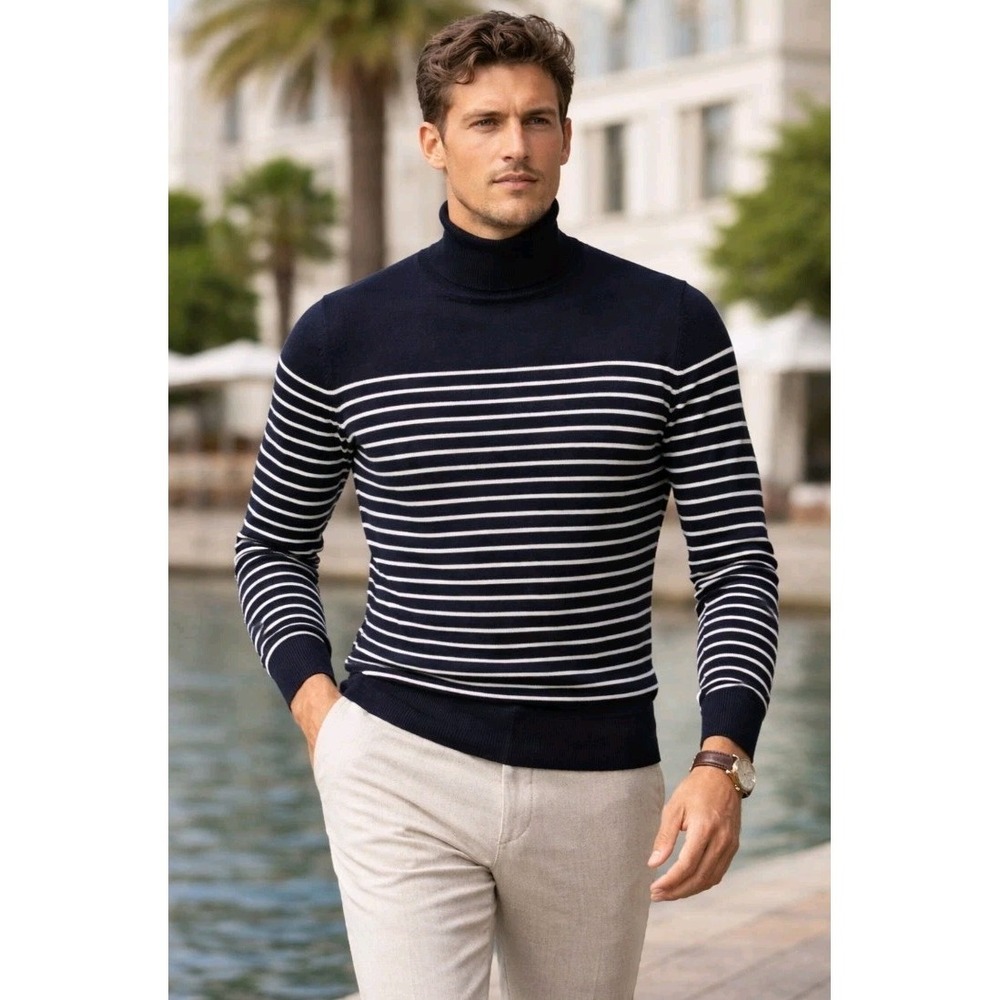SUITSUPPLY Striped Turtleneck Navy White 100% MERINO WOOL Jumper Sweater Mens L